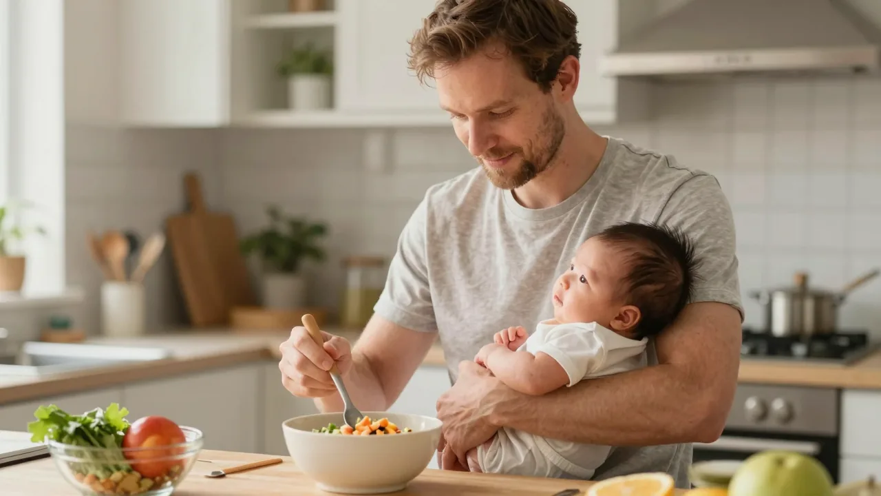 European/white father preparing food while holding East Asian newborn during cluster feeding
