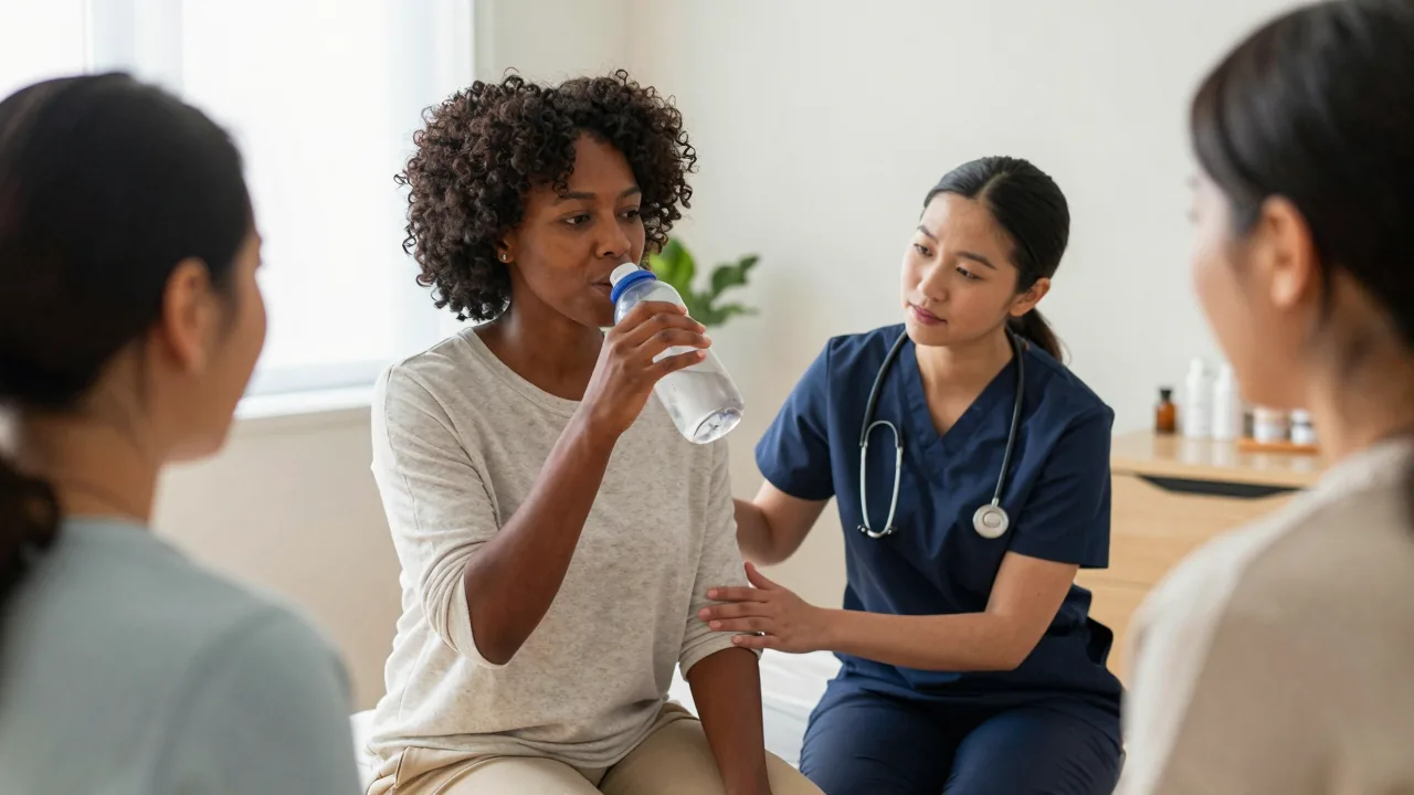 African American mother receiving hydration tips from a doula in a Boston clinic