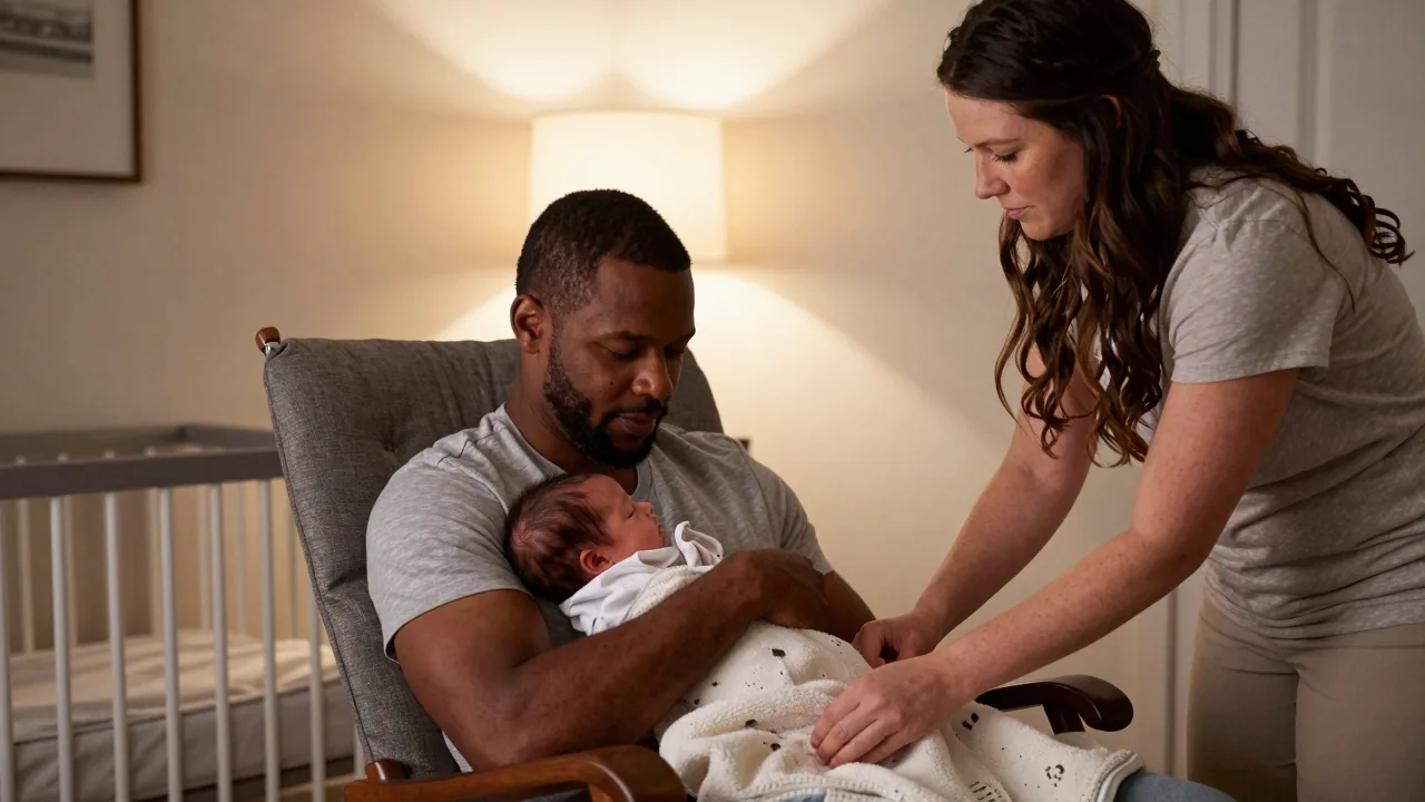 Father comforting baby with doula assistance