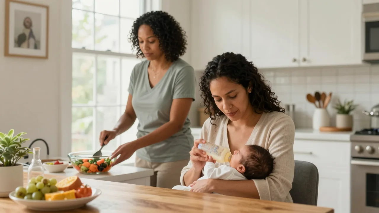 Mother bottle-feeding baby supported by doula