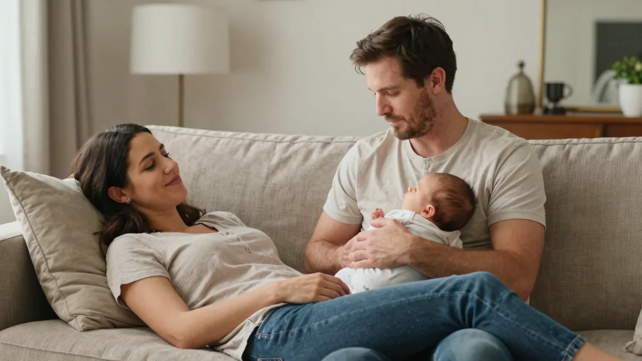 Parents relaxing together at home with their newborn.