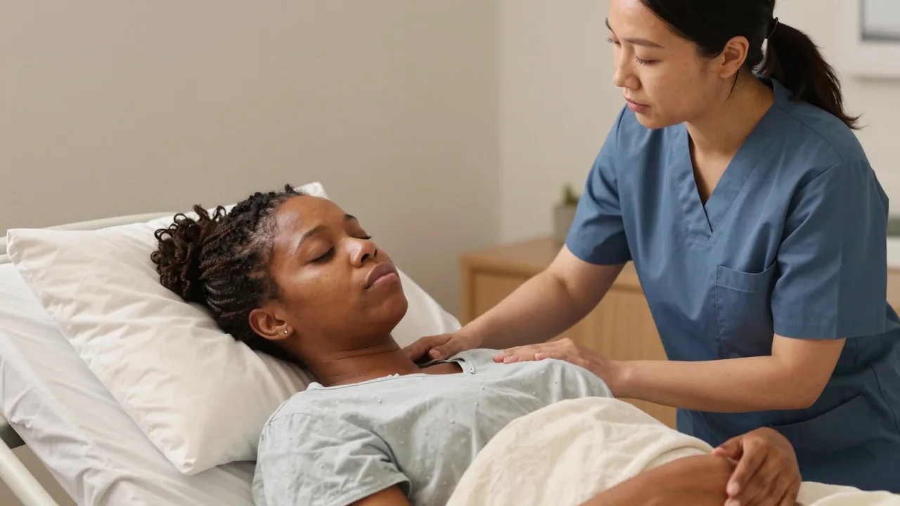 Doula assisting a new mother with pain management techniques.