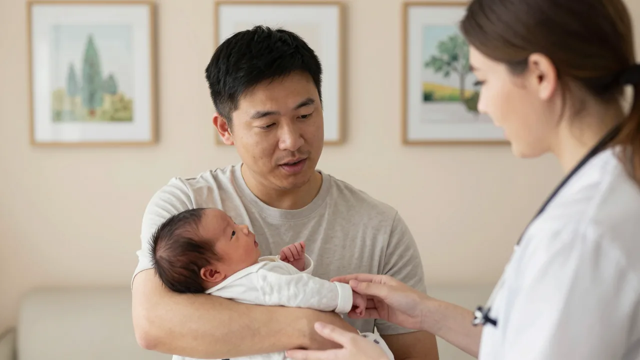 New parent and doula in calm clinic discussing newborn care