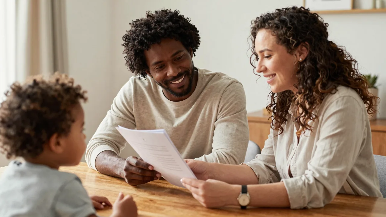 Couple discussing birth preferences with doula in cozy home setting