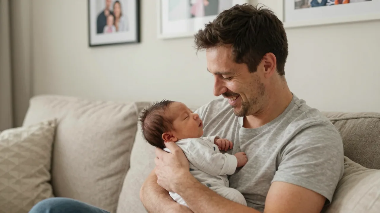 European/white father holding his sleeping newborn in a cozy living room