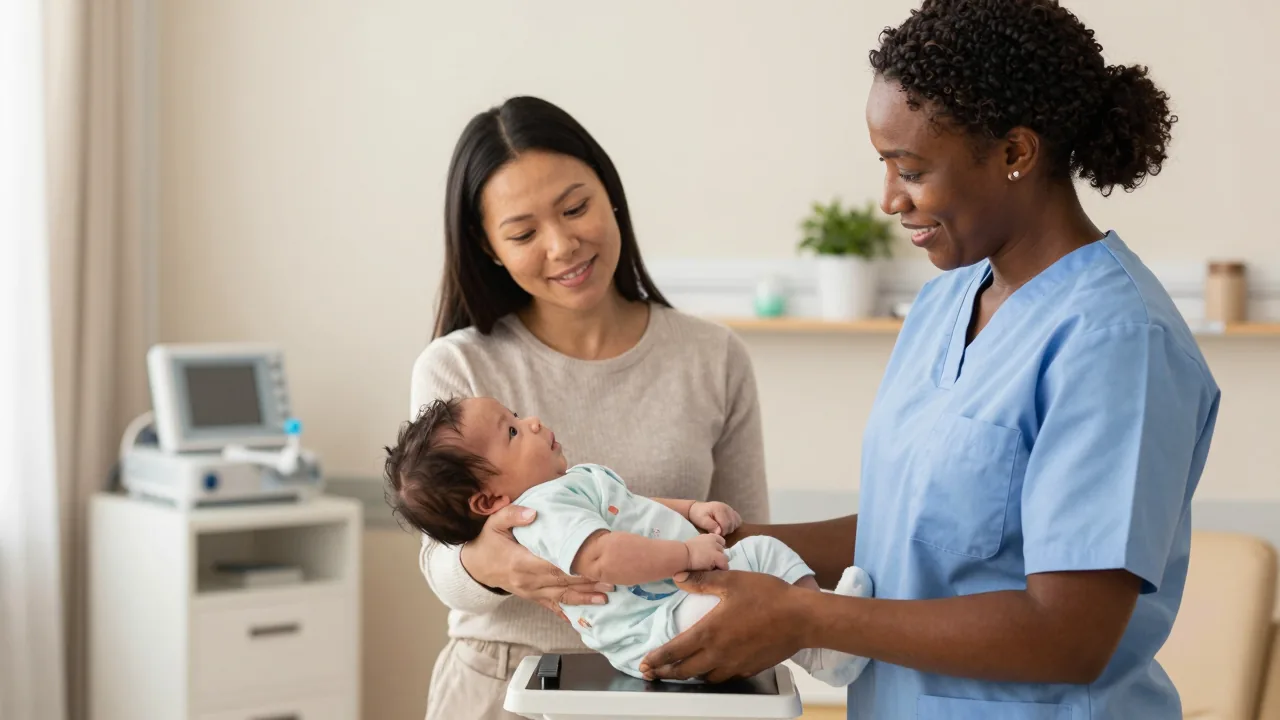African American doula weighing a baby in a calm clinic setting