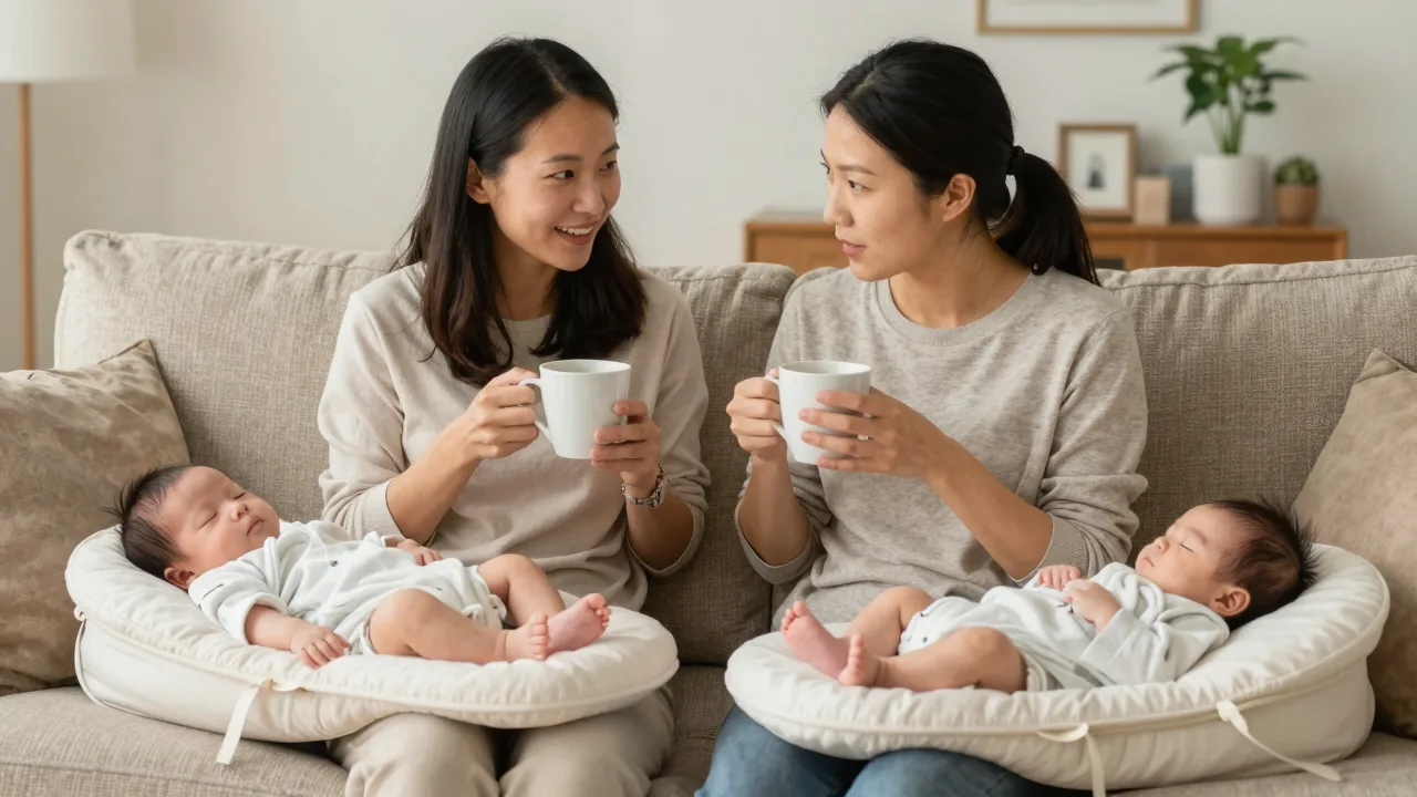 Two mothers relaxing at home, discussing parenting while their babies sleep nearby.