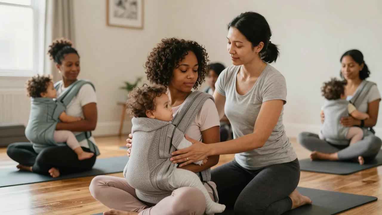 New parents participating in a gentle yoga session with their babies, supported by a doula in a serene setting.