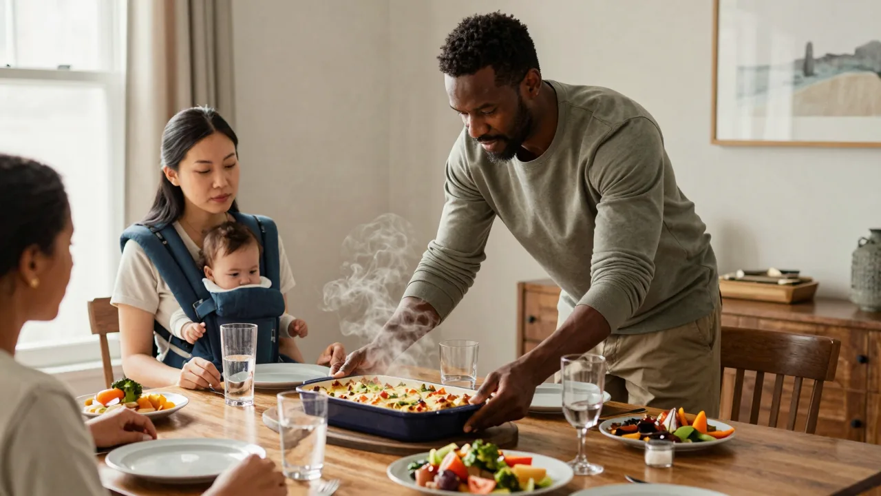 African American father setting table with meals, East Asian mother holding baby