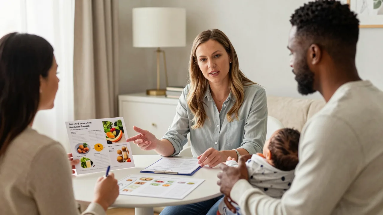 Doula consulting with new parents about postpartum meal planning