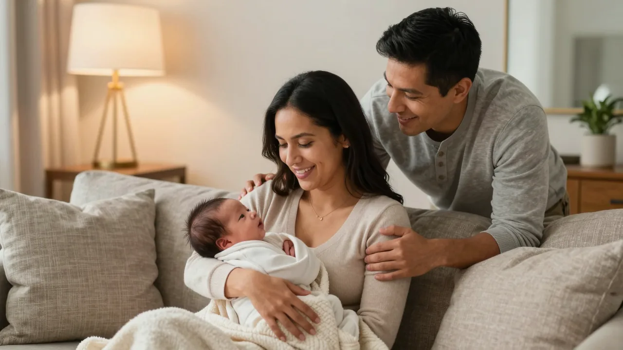 New parents cuddling their newborn baby in a cozy home setting.