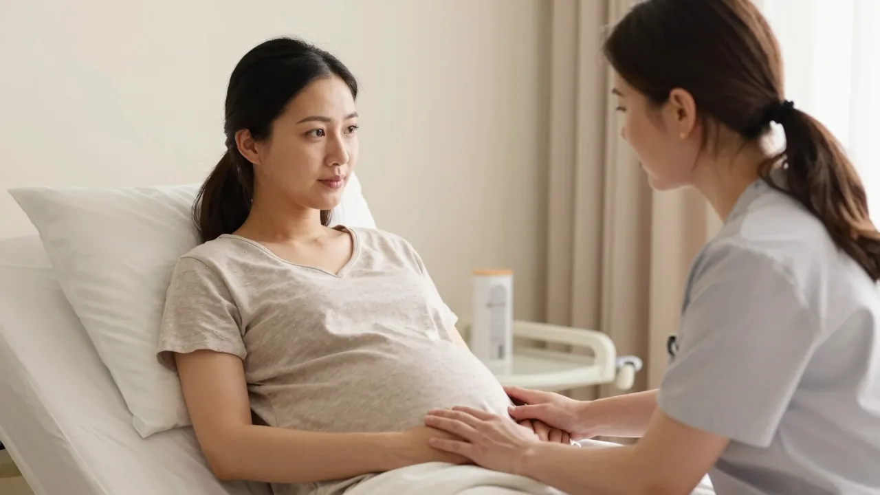Laboring woman receiving support from doula in calm clinic environment.