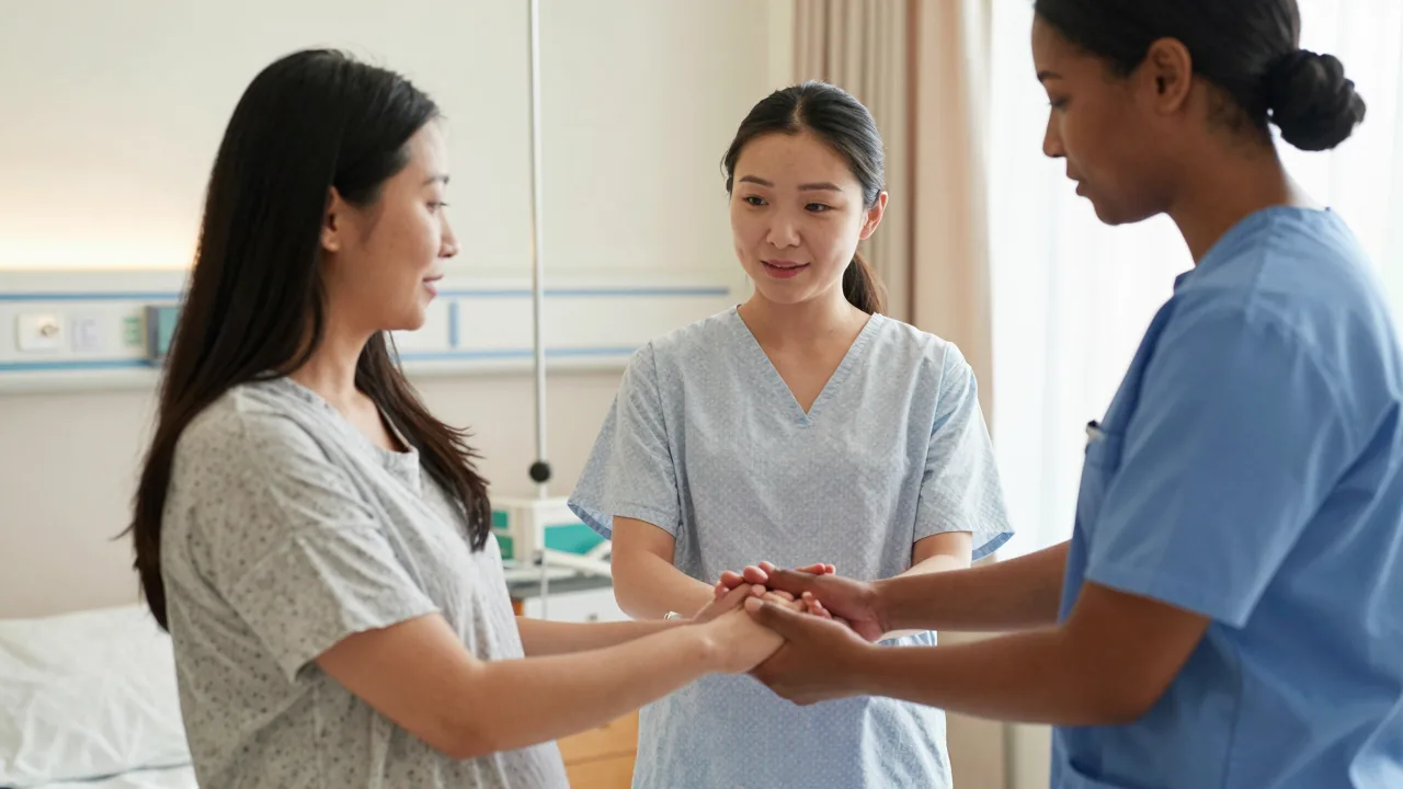 East Asian pregnant person in labor holding hands with their white partner in a calm delivery room