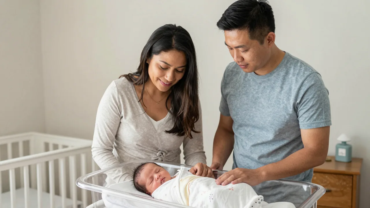 Latina mother and East Asian father gazing lovingly at their swaddled newborn in a serene nursery