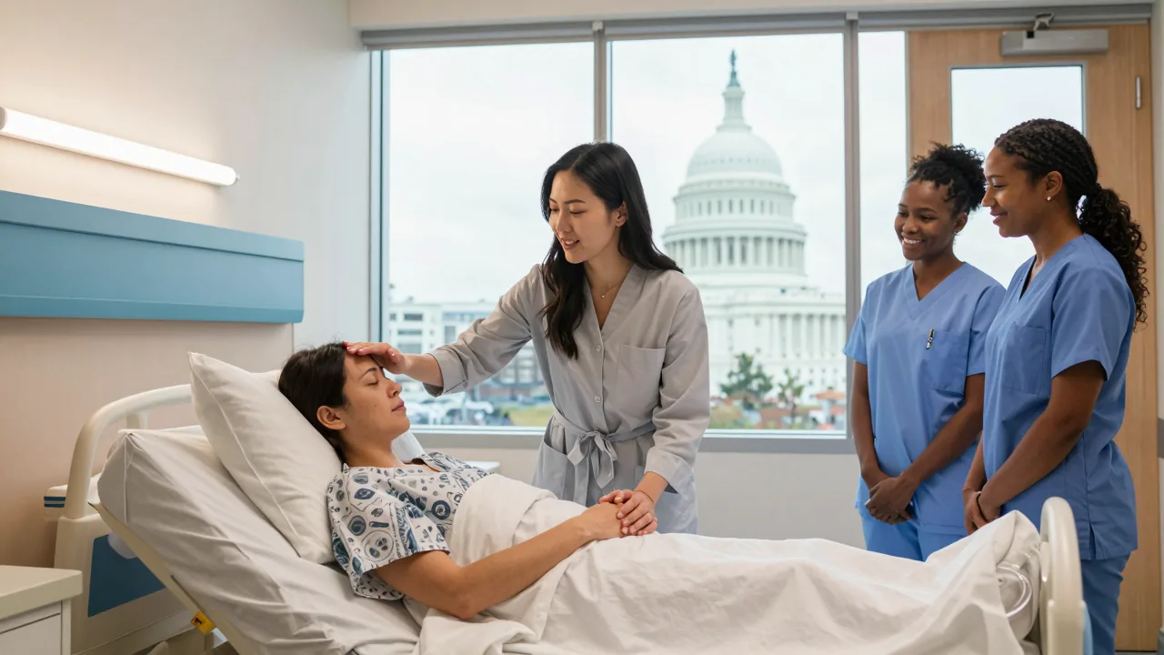 Birth partner supporting laboring woman in hospital room with doula and nurse