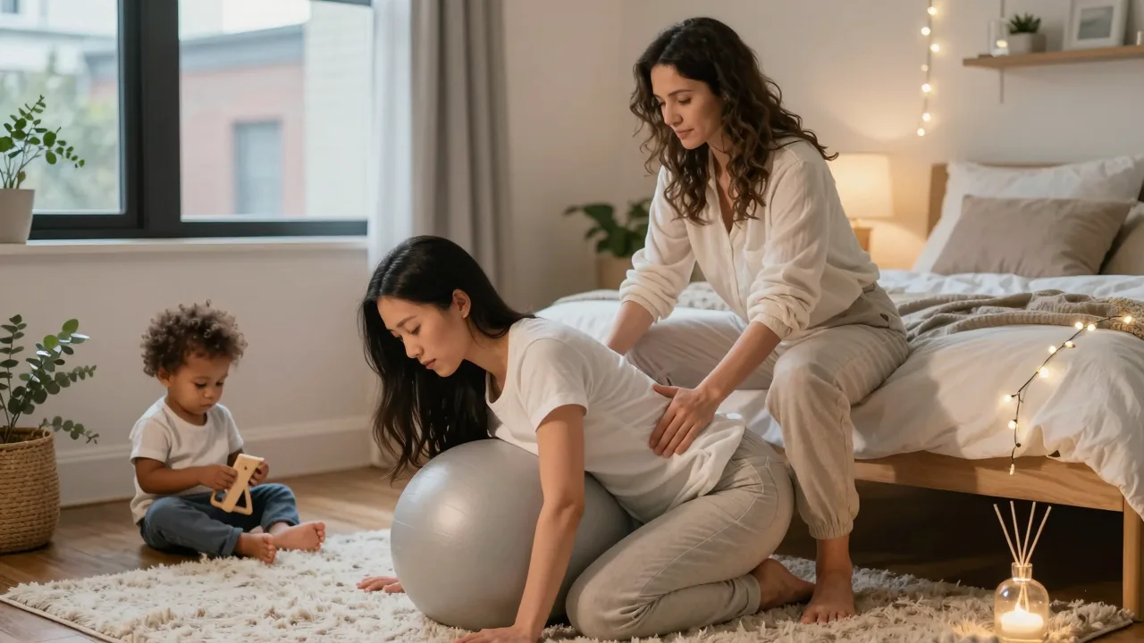 Doula teaching partner hip squeeze technique to kneeling pregnant woman at home