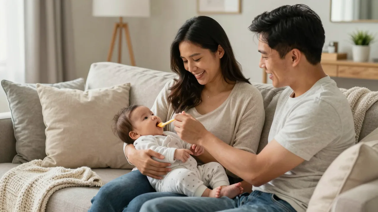 Latina mother feeding newborn while father looks on in a cozy living room