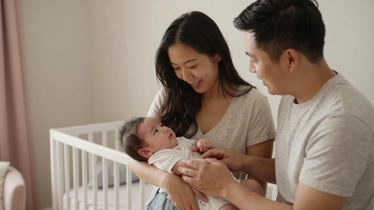 East Asian parents rocking a fussy newborn in a calm nursery