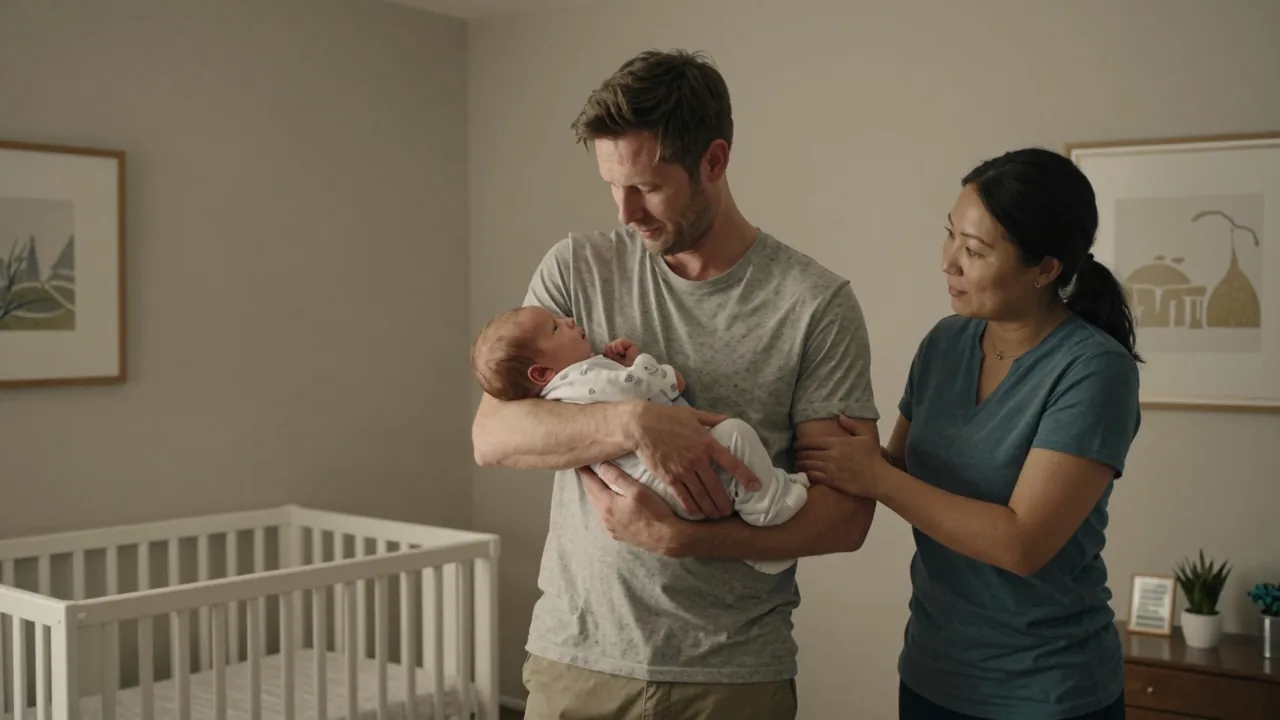 Father comforting a fussy baby while a doula provides support.
