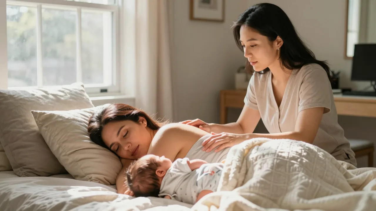 Mother comforting a fussy baby while a doula offers advice.