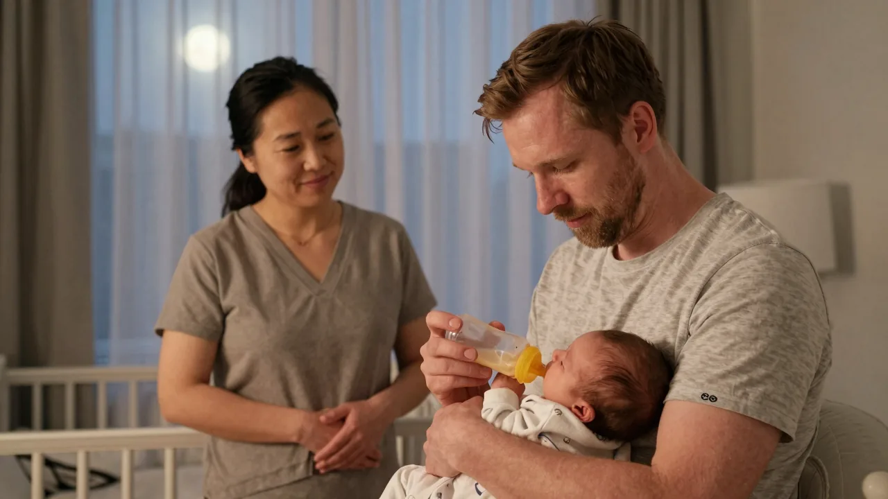 European/white father bottle-feeding a sleeping newborn in a nursery, with an East Asian doula looking on.