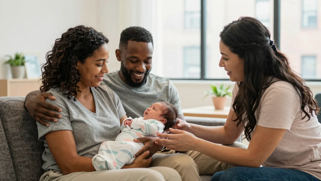 African American parents with their newborn in a cozy clinic setting, with a Latina doula assisting.