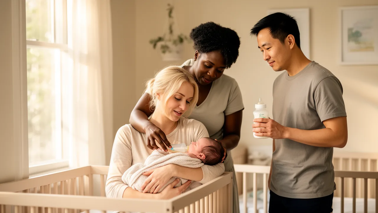 Parents and doula working together during feeding time in a nursery
