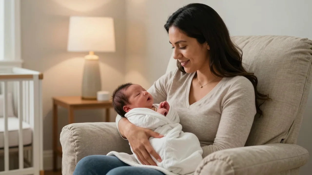 Latina mother swaddling her newborn in a calm nursery.
