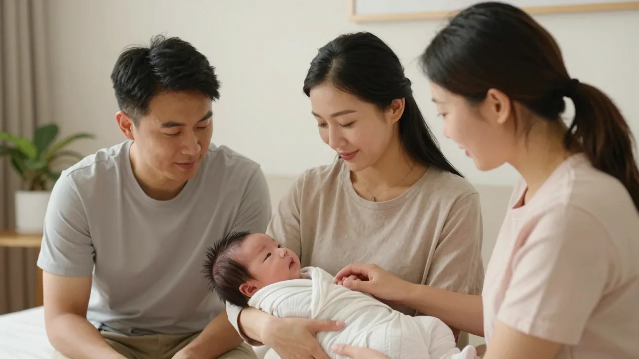 East Asian parents observing their newborn being swaddled by a doula in a calm clinic.