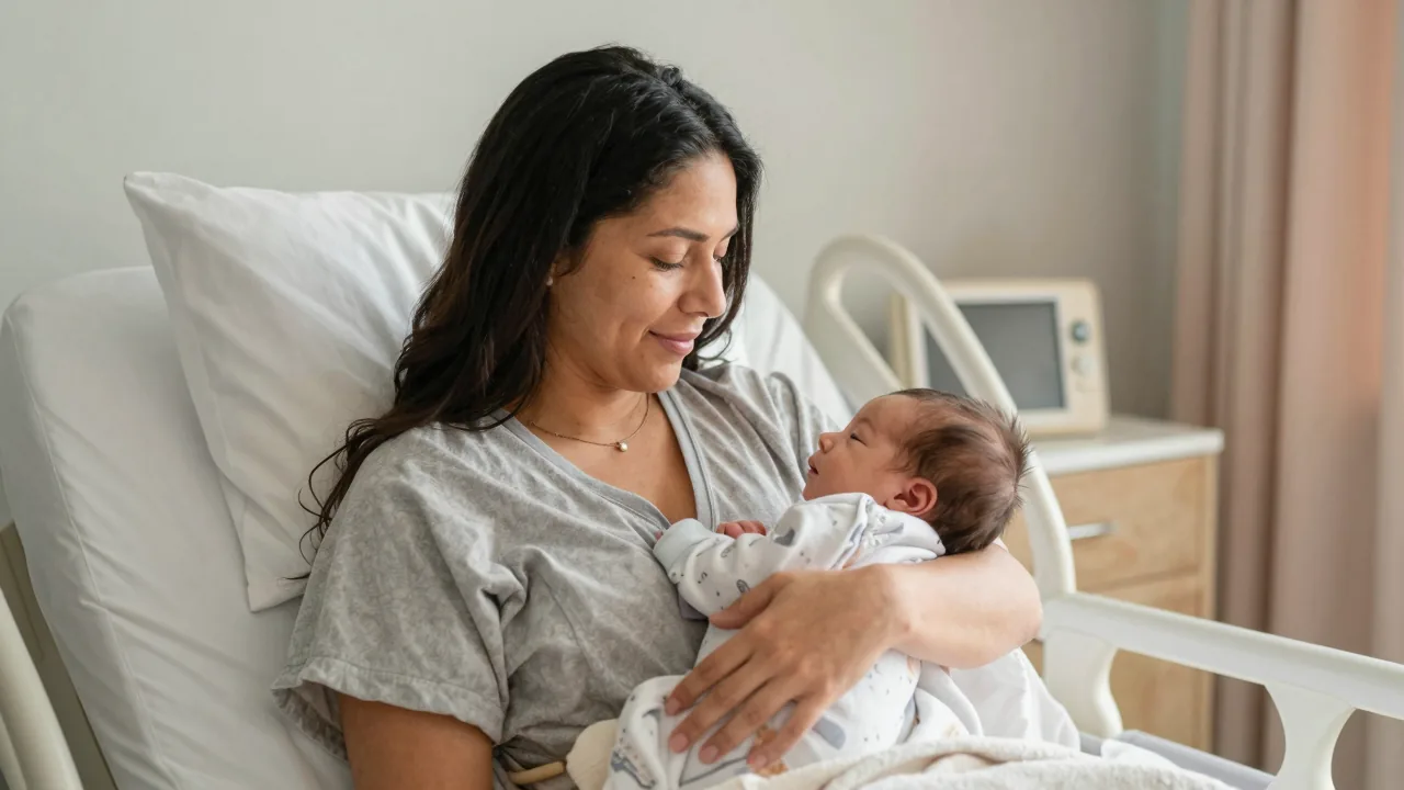 New Latina/Hispanic mother holding her baby in a calm hospital recovery room.