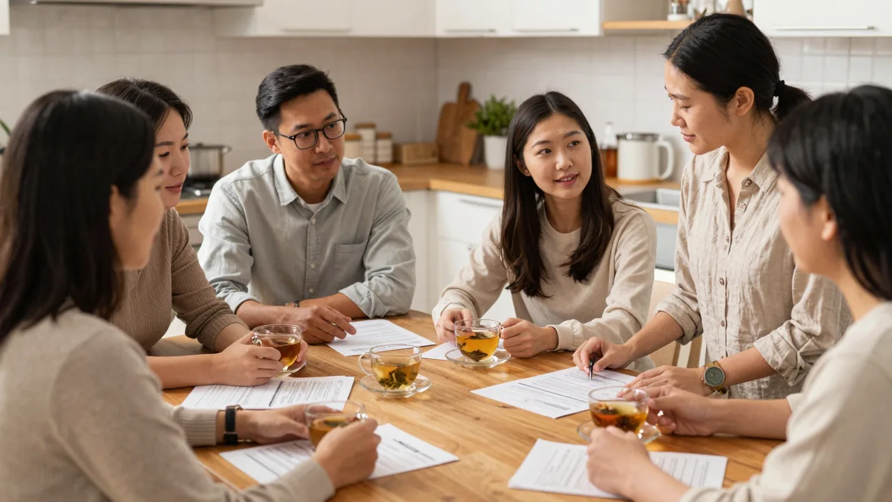 Parents and doula reviewing birth plans at a cozy home kitchen table.