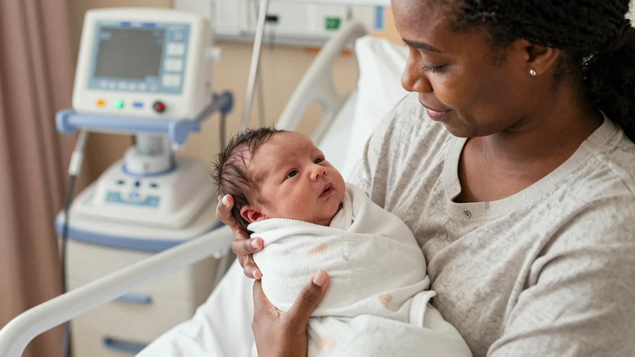Newborn baby held by mother in a peaceful hospital setting
