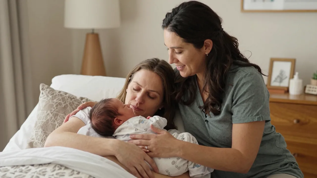 Doula supporting parents with their newborn in a cozy postpartum setting