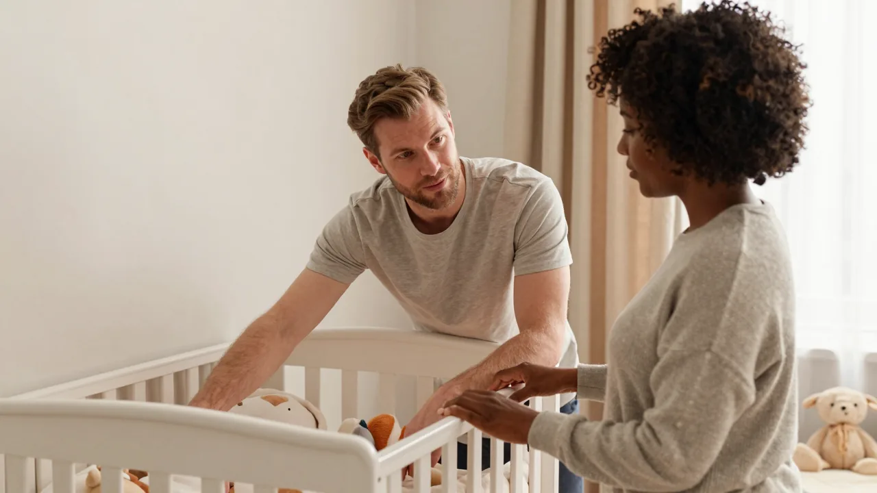 A postpartum doula advising a father in a neatly arranged nursery