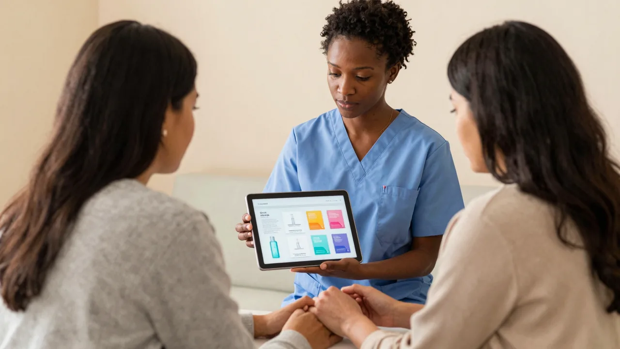 Doula showing pricing packages to expectant parents in a calm clinic setting.