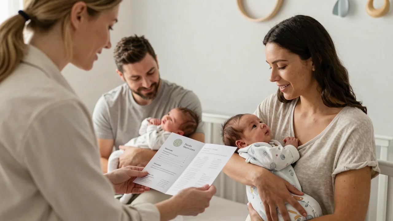 Doula presenting pricing options to new parents in a peaceful nursery setting.