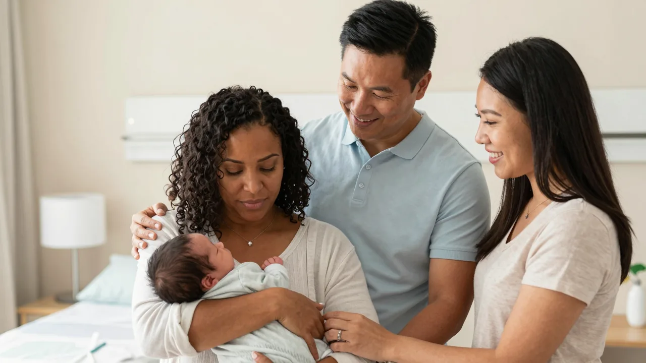 A new family with their doula in a calm clinic setting, celebrating the arrival of their baby.