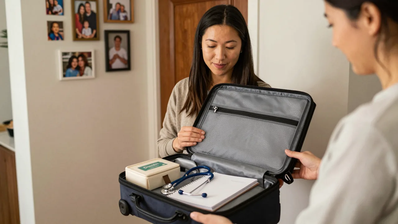 A doula preparing her work bag for travel, captured in a cozy home environment.