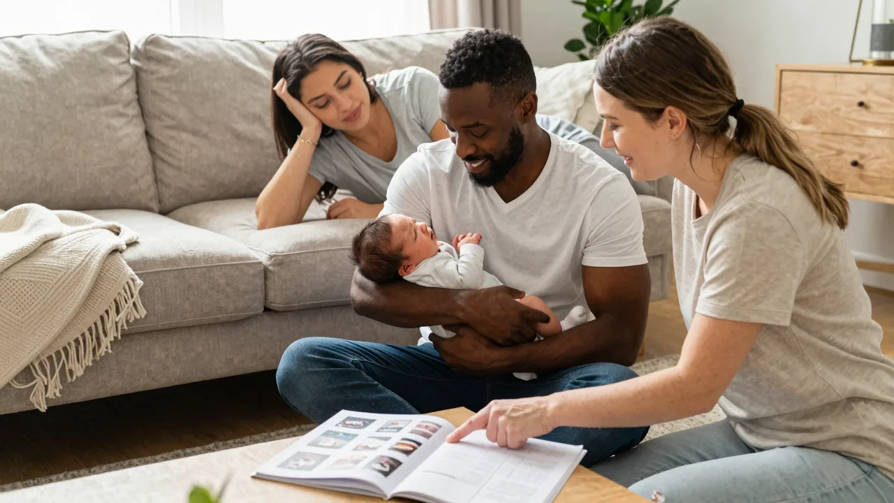 New parents with their newborn and a doula reviewing a brochure in a cozy living room