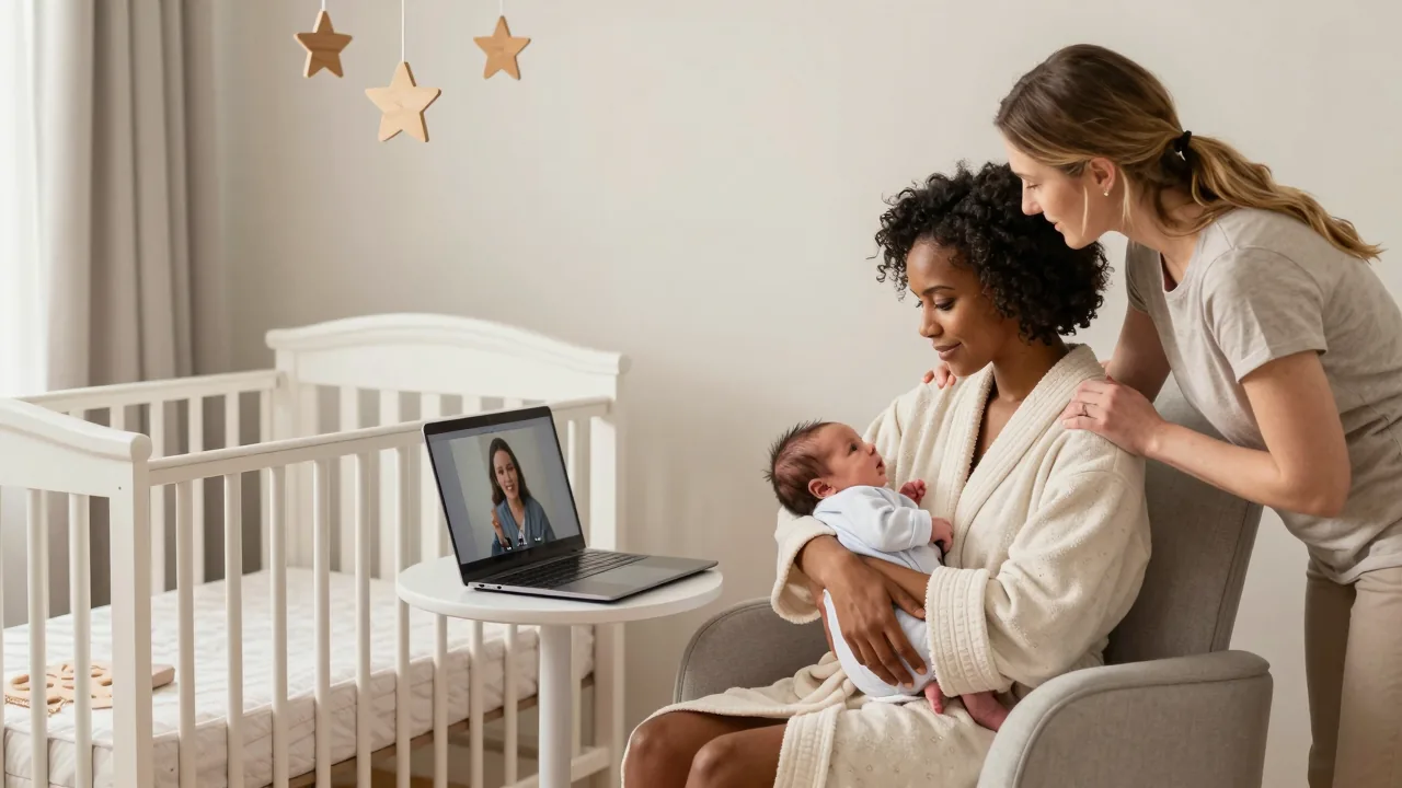 African American mother with newborn and white doula beside a laptop in a bright nursery