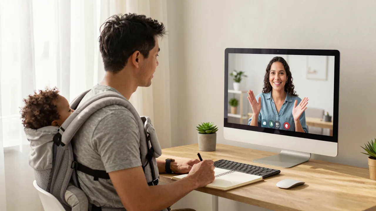 East Asian father in baby carrier watching a Latina doula on a video call at a home desk