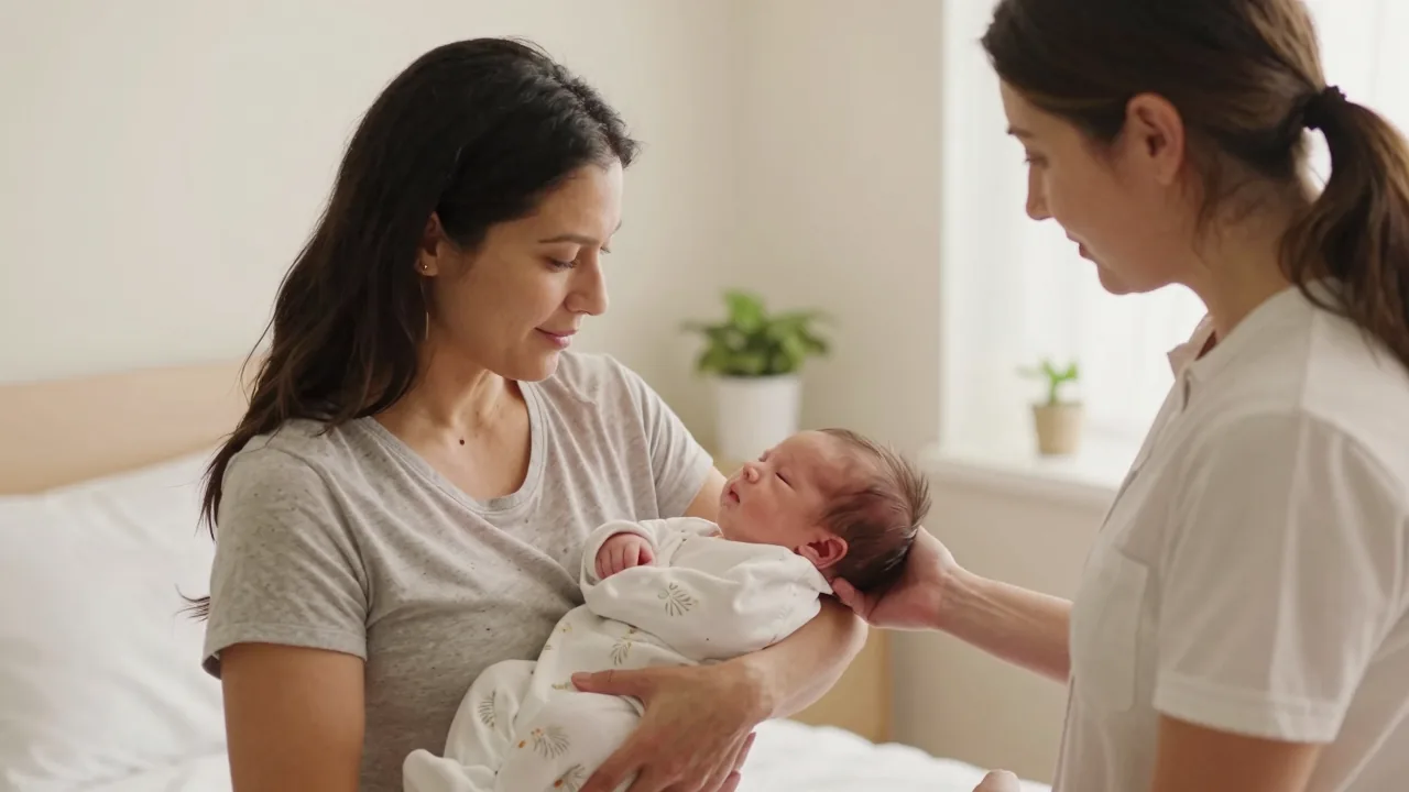 Latina mother cradling her baby with the support of her doula in a gentle, warmly-lit clinic.