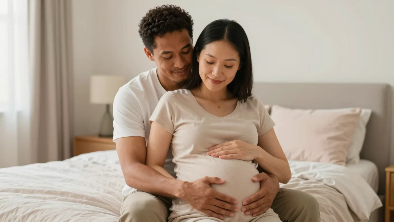 Expectant East Asian couple sharing a tender moment in their warmly-lit bedroom.