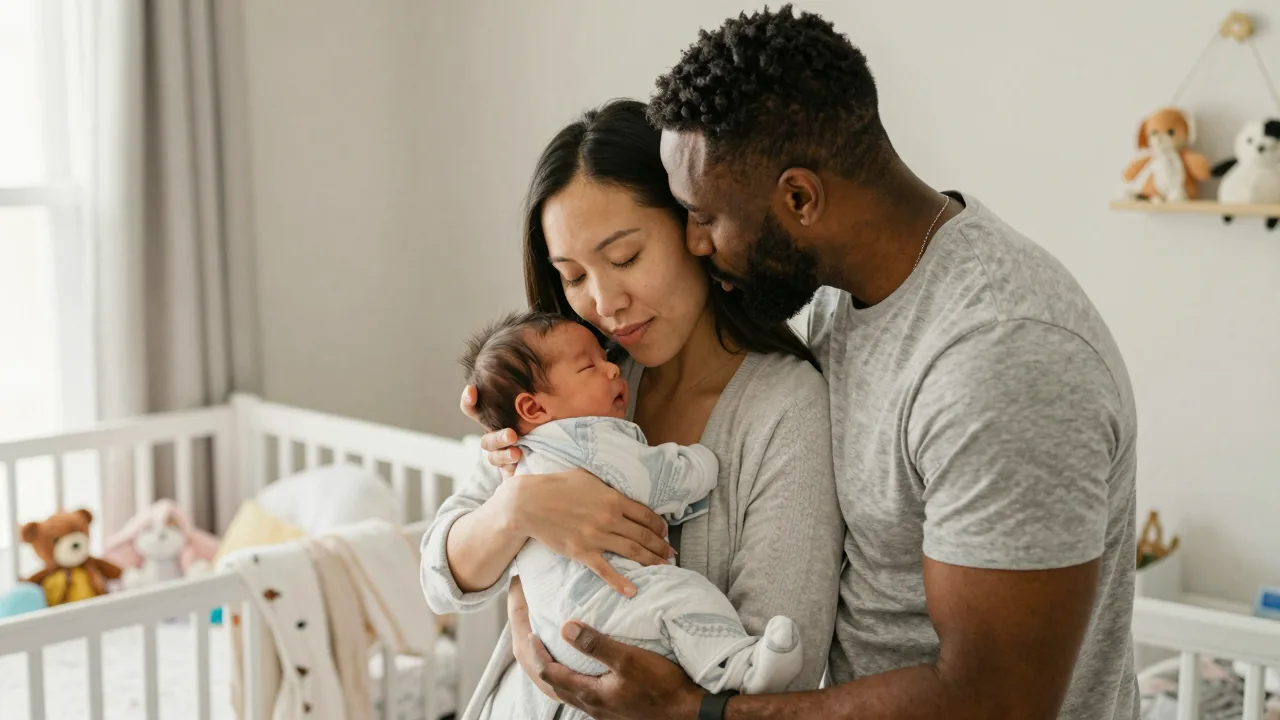 New parents bonding with their newborn in a cozy nursery