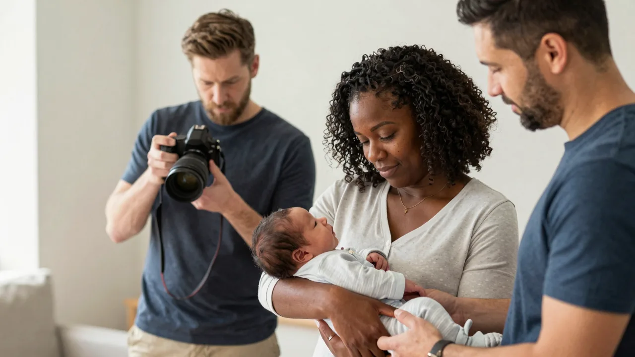 Doula assisting new parents in a gentle newborn photoshoot