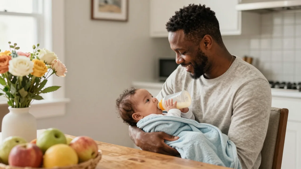 Parent feeding newborn with a bottle in a warm kitchen