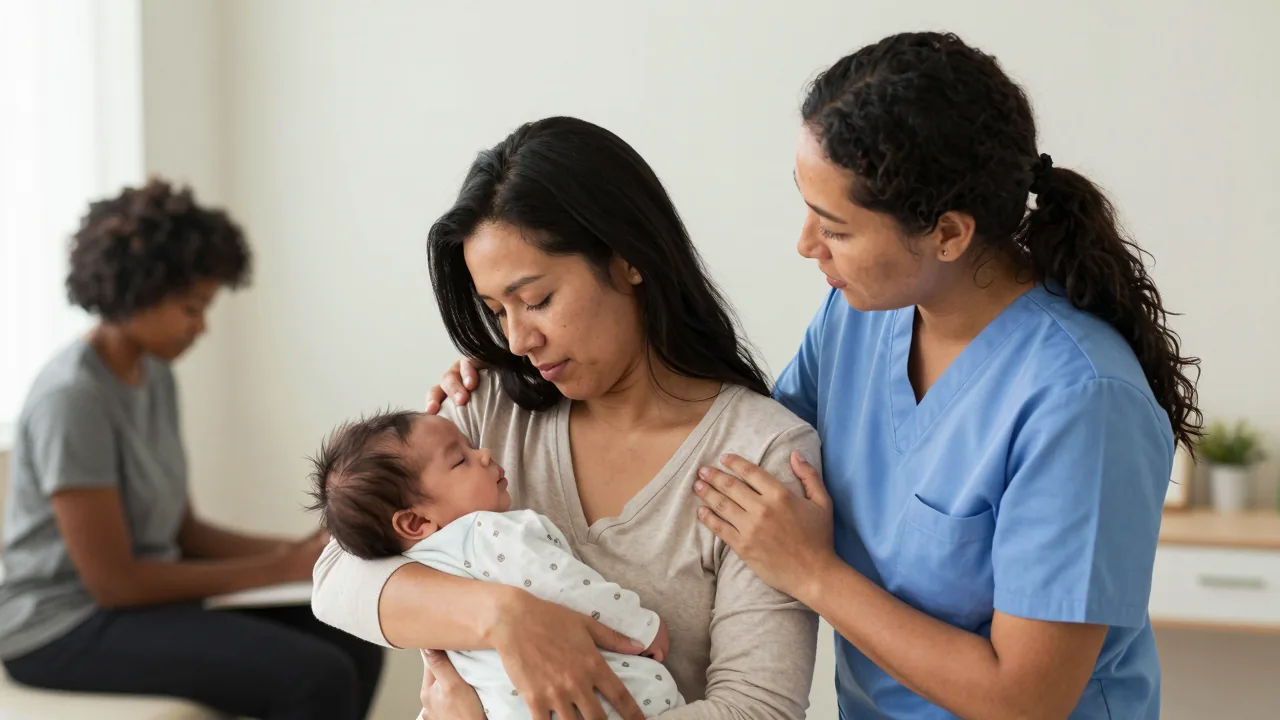 Doula supporting new parent with their newborn during a wellness visit