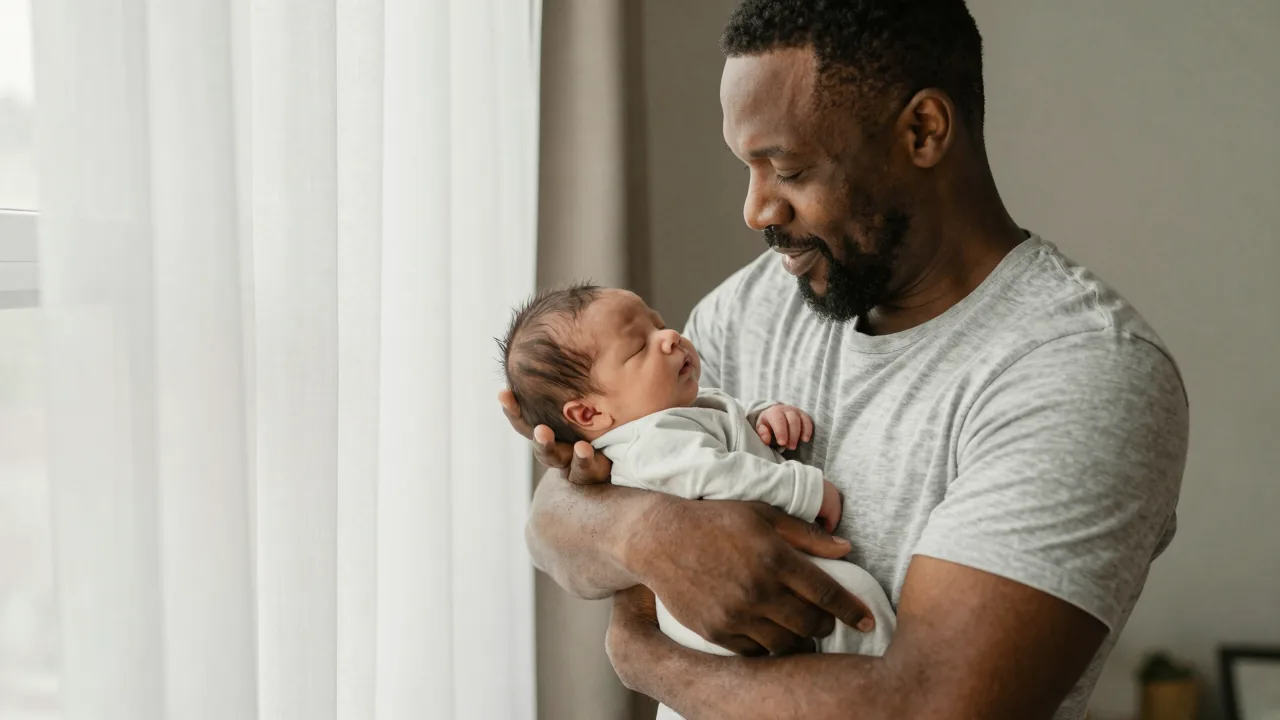 African American father holding sleeping newborn by sunlit window