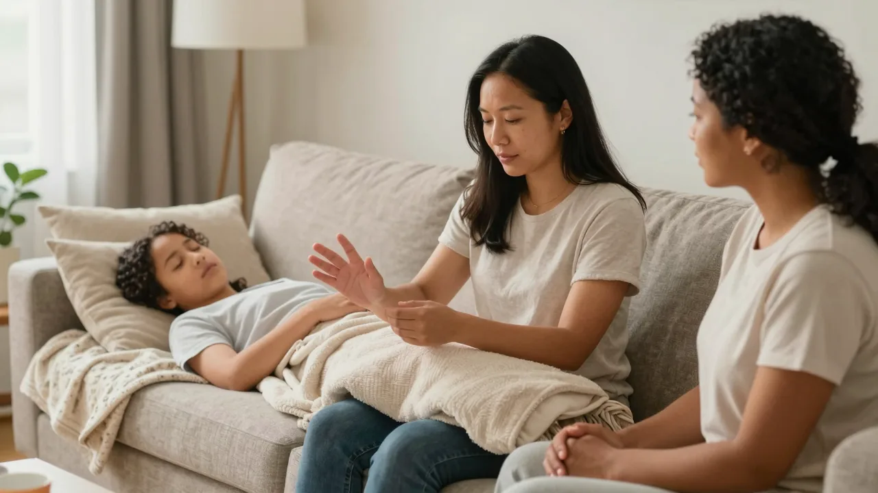 East Asian doula teaching Latina parents about safe sleep in cozy living room