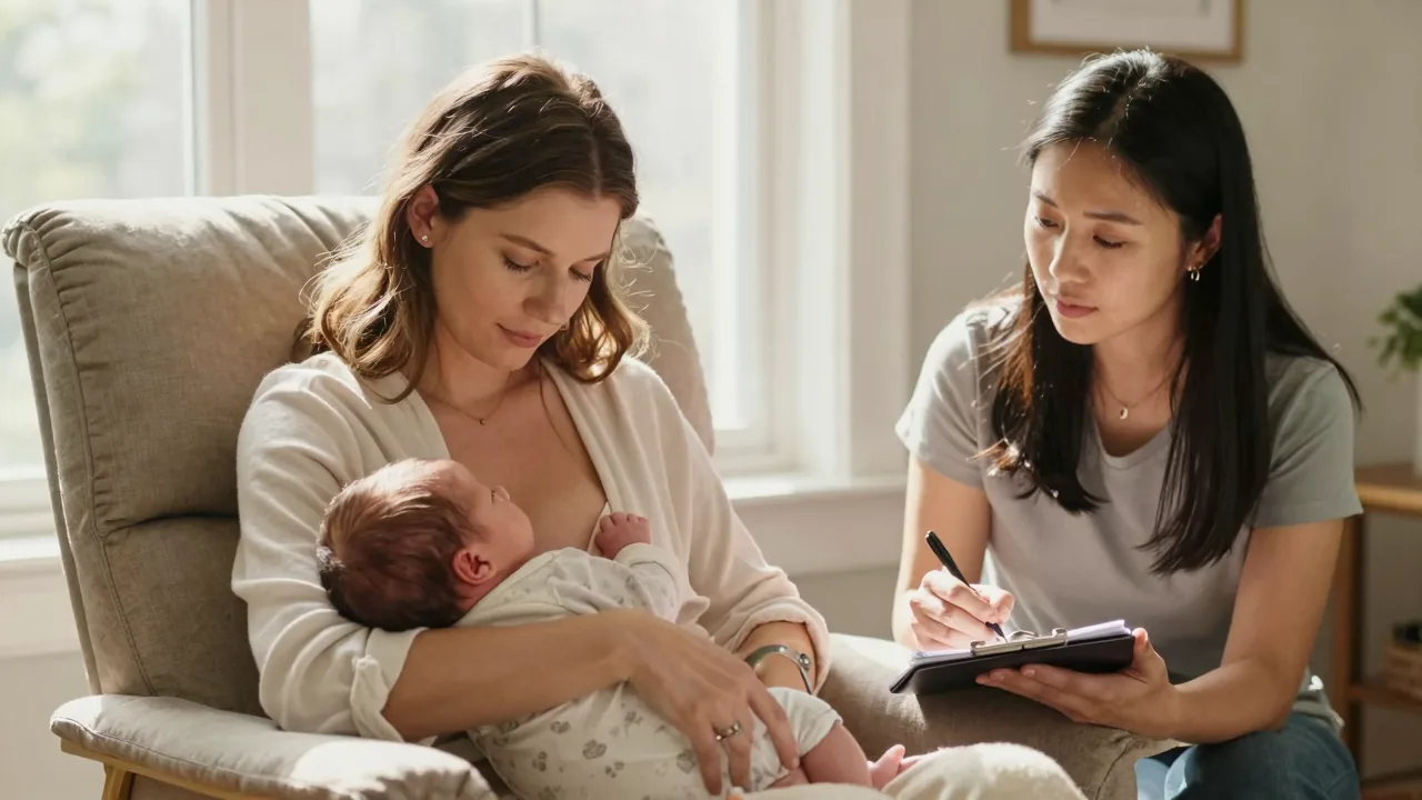 Mother breastfeeding her baby with a doula observing attentively.
